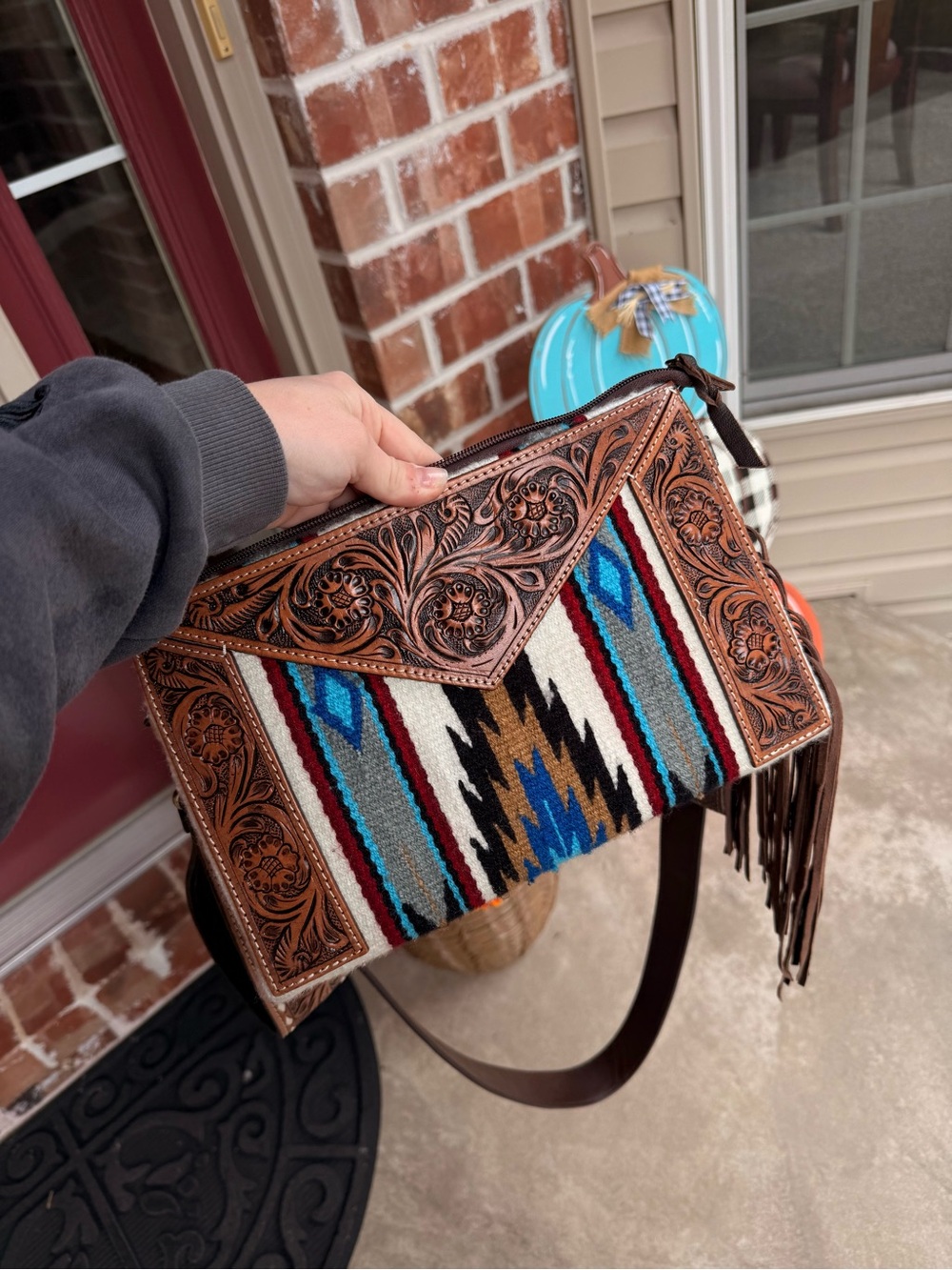 Genuine Tooled Leather Western Fringe Crossbody Bag